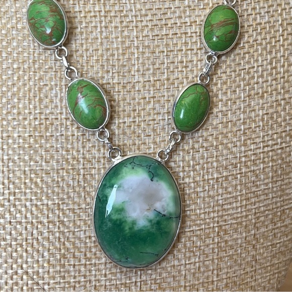 New Green Dendritic Opal Stone w Mosaic Jasper Silver Overlay Necklace 17” - Picture 10 of 13